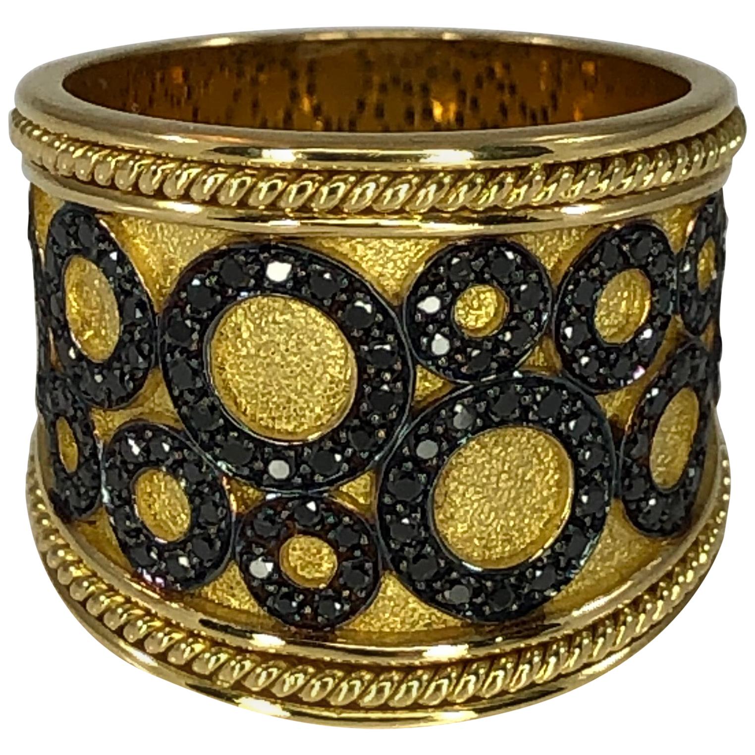 Georgios Collections 18 Karat Yellow Gold Ring with Black Diamond Circles For Sale
