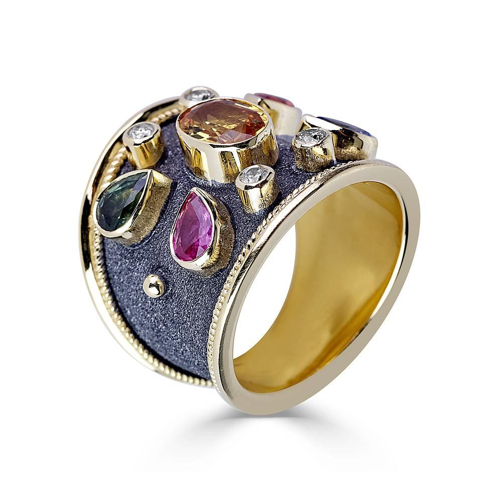 Byzantine Georgios Collections 18 Karat Yellow Gold Diamonds and Sapphires Two-Tone Ring For Sale