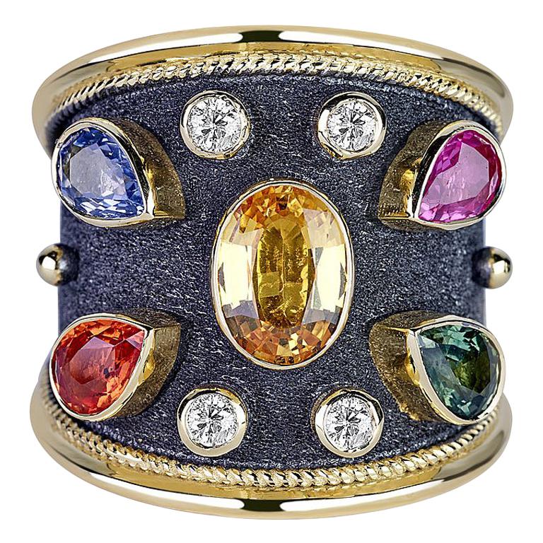 Georgios Collections 18 Karat Yellow Gold Diamonds and Sapphires Two-Tone Ring For Sale