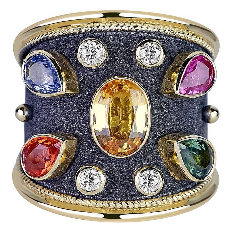 Georgios Collections 18 Karat Yellow Gold Ring with Diamonds and Multi Sapphires
