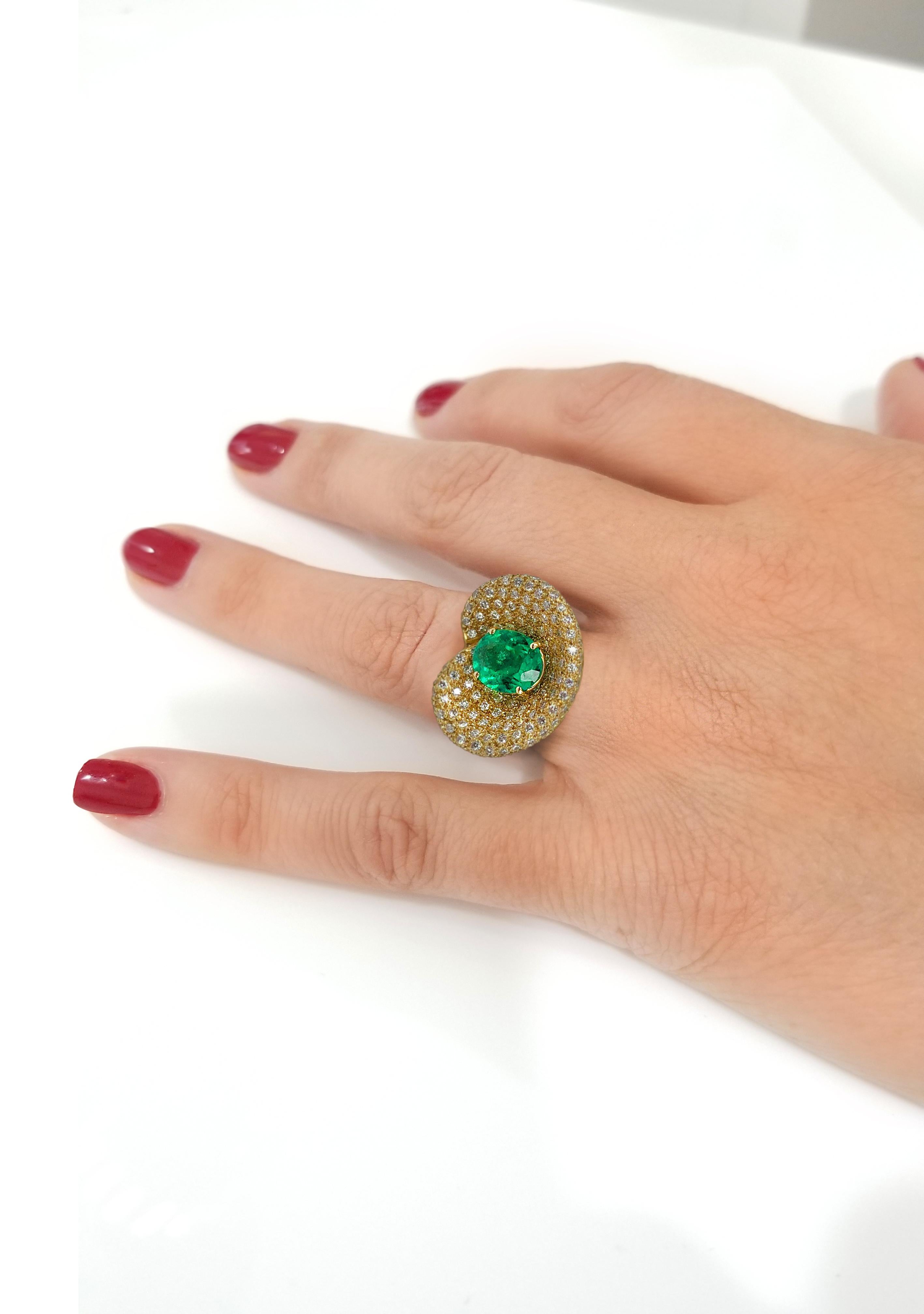 Oval Cut Georgios Collections 18 Karat Yellow Gold Ring with an Oval Emerald and Diamonds For Sale