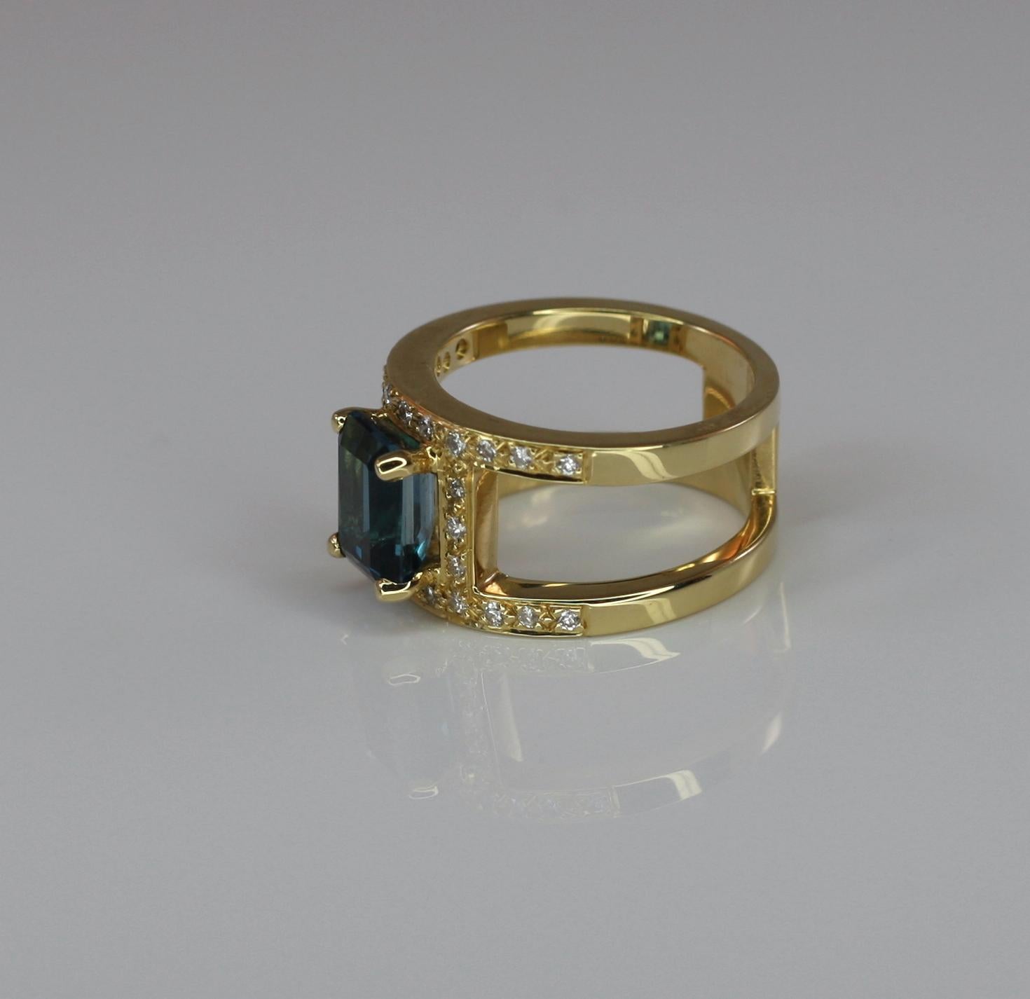 Emerald Cut Georgios Collections 18 Karat Yellow Gold London Blue Topaz and Diamonds Ring For Sale