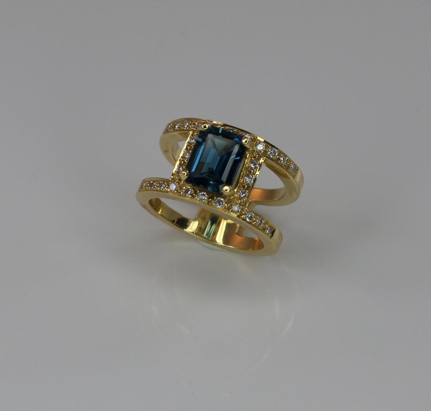 Georgios Collections 18 Karat Yellow Gold London Blue Topaz and Diamonds Ring For Sale 3