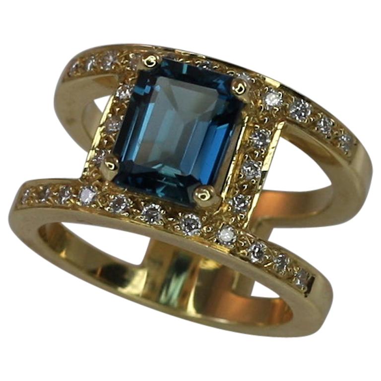 Georgios Collections 18 Karat Yellow Gold London Blue Topaz and Diamonds Ring For Sale