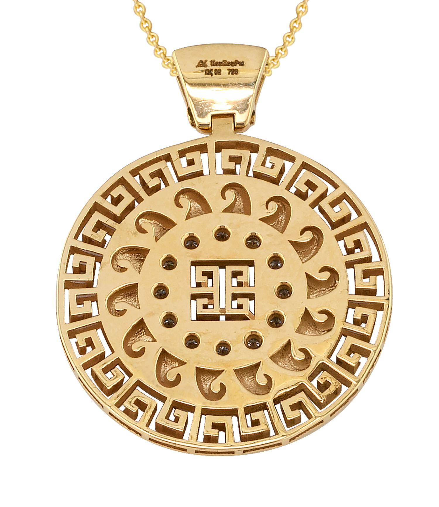 Georgios Collections 18 Karat Yellow Gold Round Diamond Grecian Pendant Necklace In New Condition For Sale In Astoria, NY