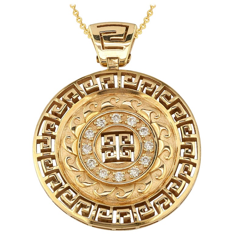 Georgios Collections 18 Karat Yellow Gold Round Diamond Grecian Pendant  Necklace For Sale at 1stDibs