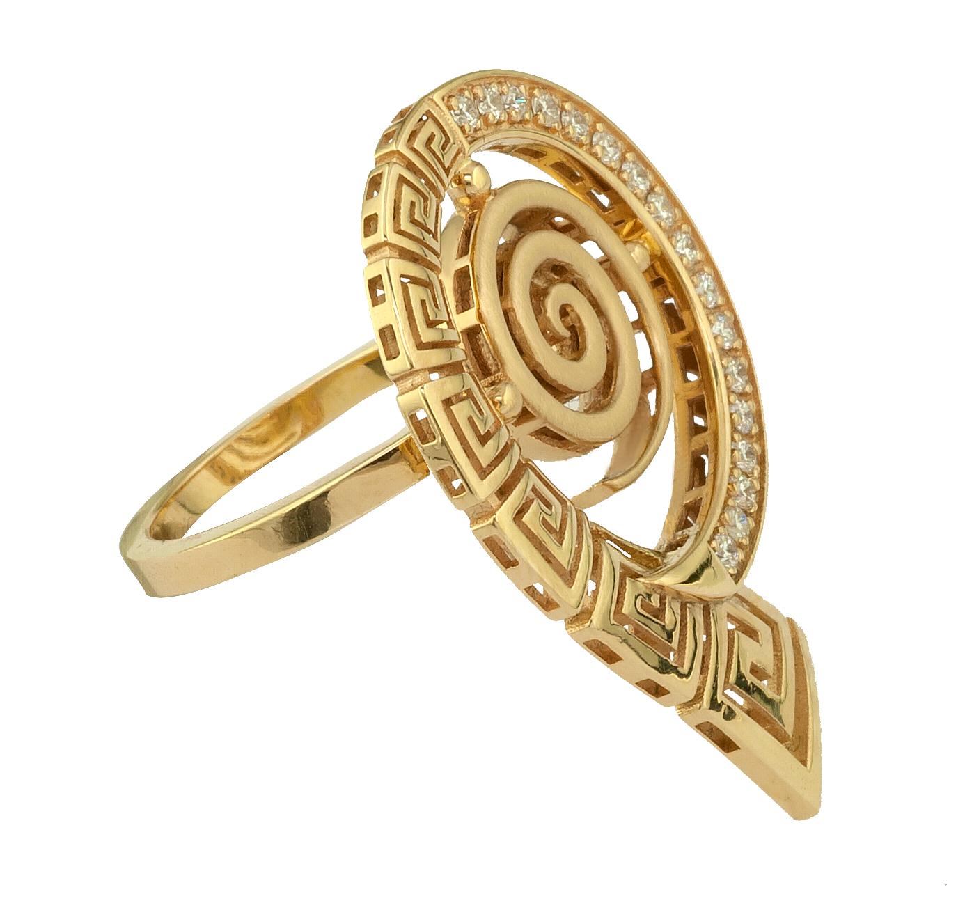 This S.Georgios designer spiral band ring is handmade from solid 18 Karat Yellow Gold and carved forming the Greek Key design which is the symbol of eternity. This stunning ring features 17 brilliant-cut White Diamonds total weight of 0.27 Carat.
We