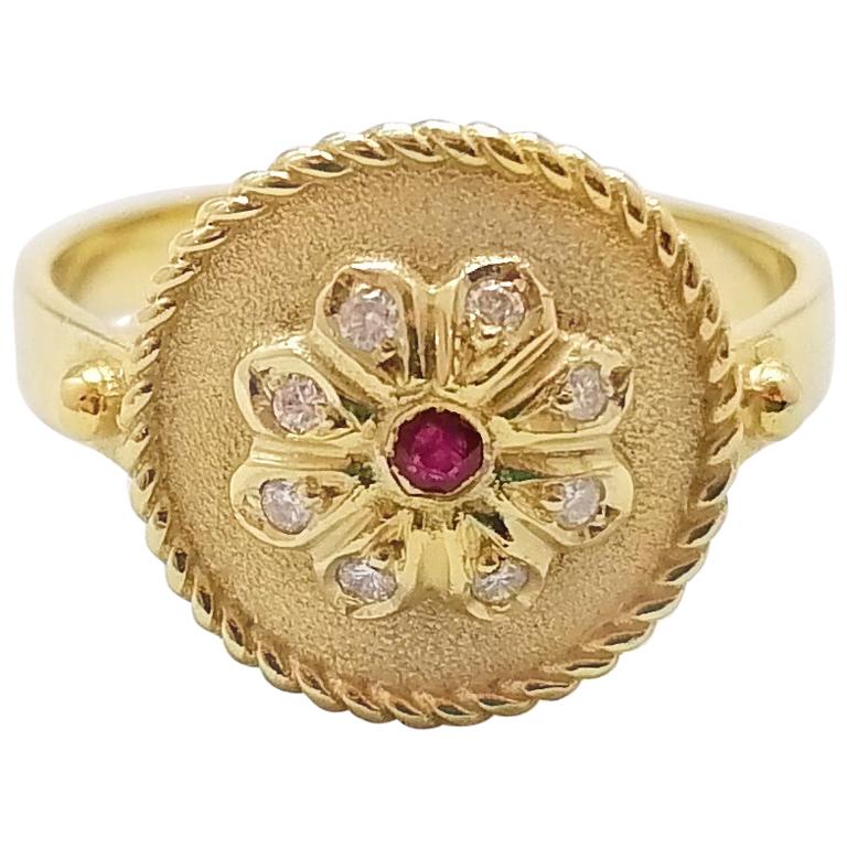 Georgios Collections 18 Karat Yellow Gold Ruby and Diamond Round Band Ring For Sale