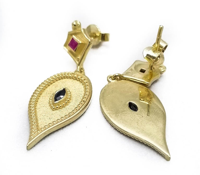 Georgios Collections 18 Karat Yellow Gold Ruby and Sapphire Drop Earrings For Sale 5