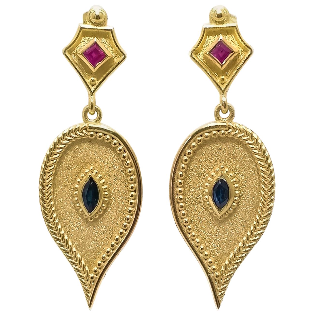 Georgios Collections 18 Karat Yellow Gold Ruby and Sapphire Drop Earrings