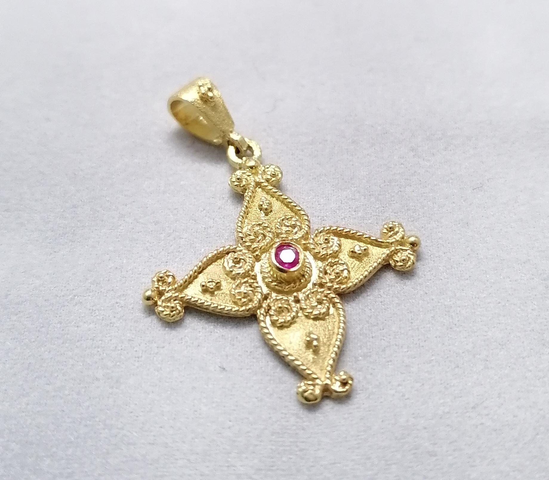 Georgios Collections 18 Karat Yellow Gold Ruby Byzantine Style Cross 5