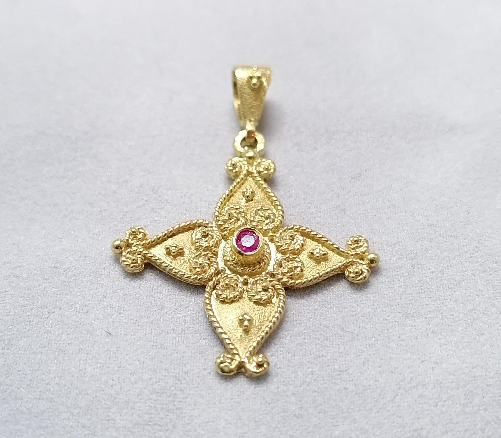 Georgios Collections 18 Karat Yellow Gold Ruby Byzantine Style Cross 7