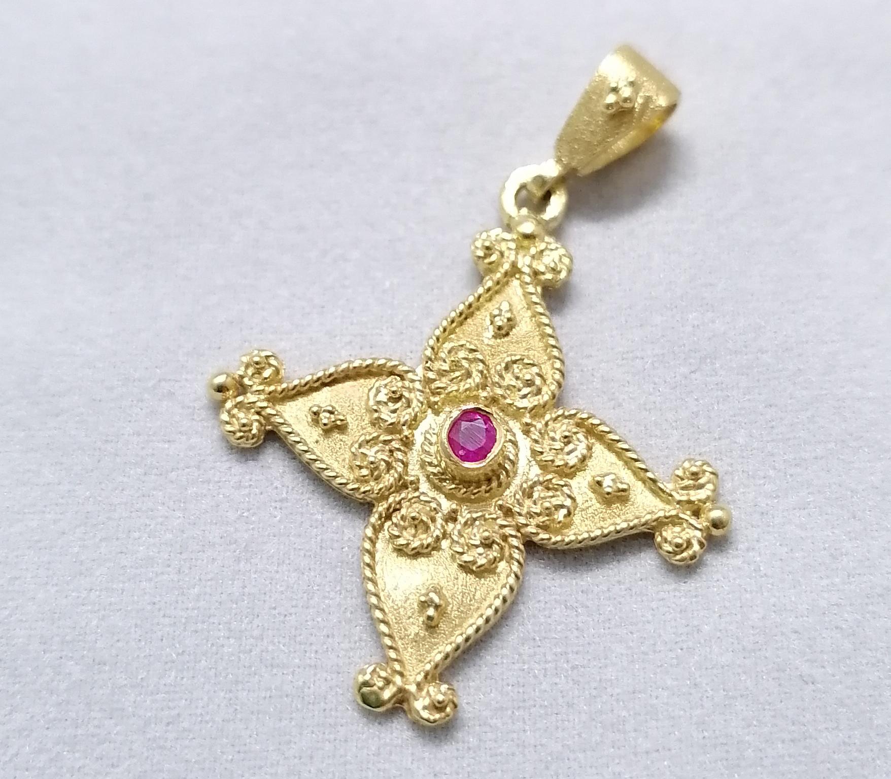 Georgios Collections 18 Karat Yellow Gold Ruby Byzantine Style Cross 8