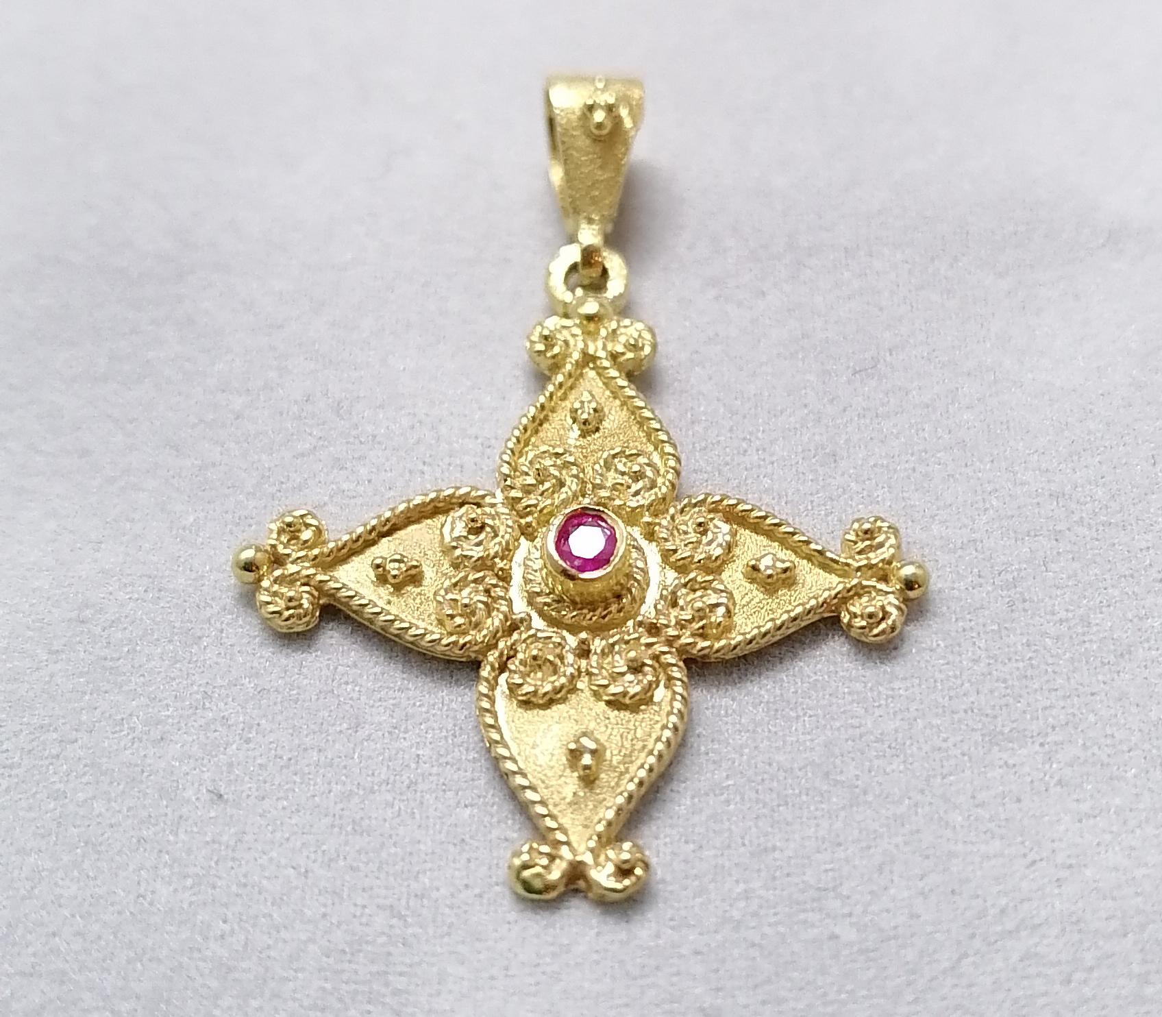Georgios Collections 18 Karat Yellow Gold Ruby Byzantine Style Cross 10