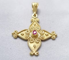 Georgios Collections 18 Karat Yellow Gold Ruby Byzantine Style Cross