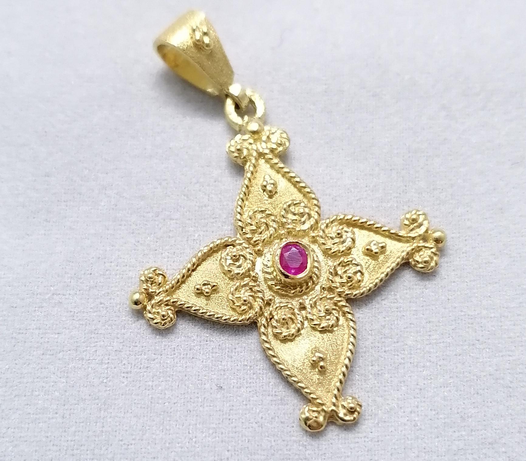 Brilliant Cut Georgios Collections 18 Karat Yellow Gold Ruby Byzantine Style Cross