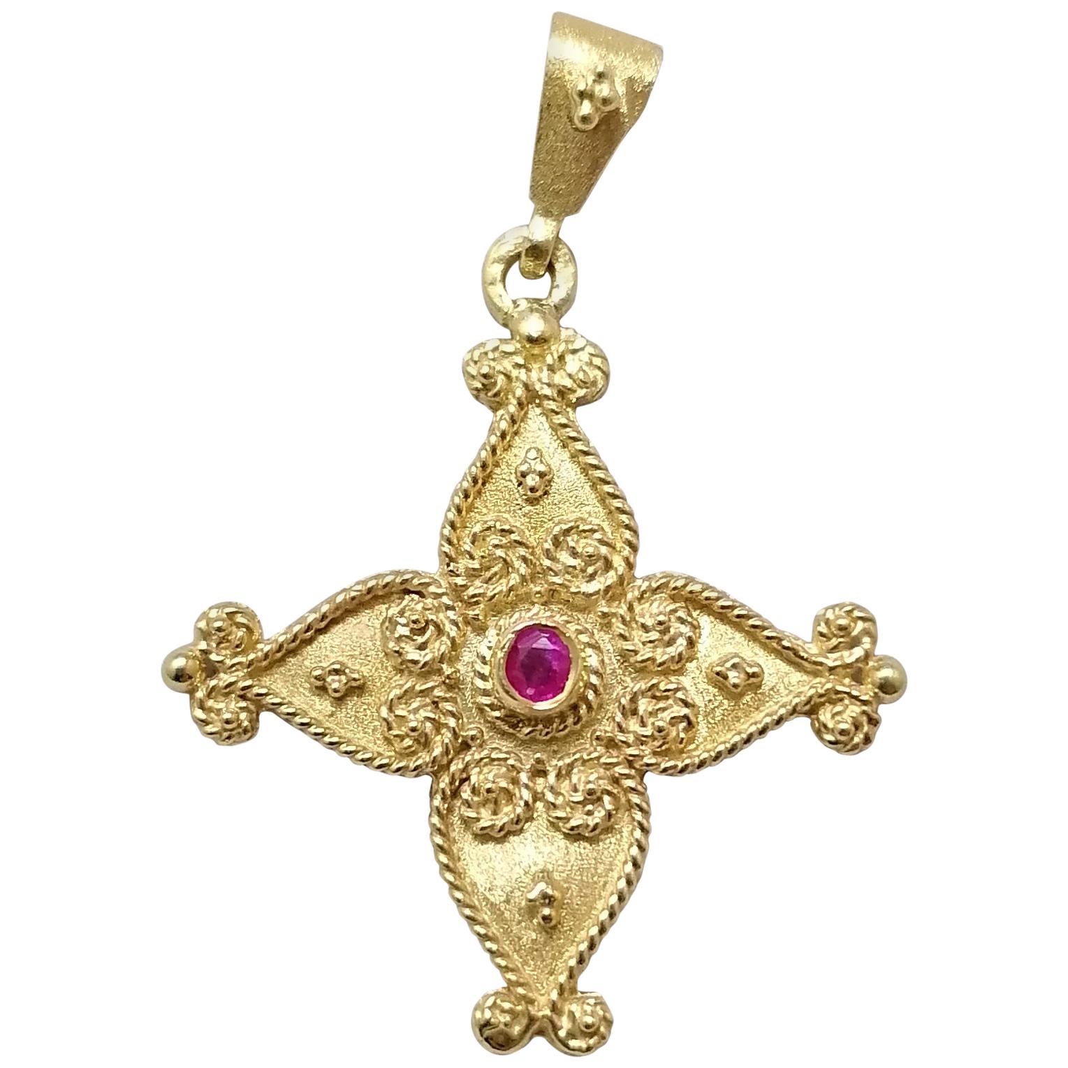Georgios Collections 18 Karat Yellow Gold Ruby Byzantine Style Cross