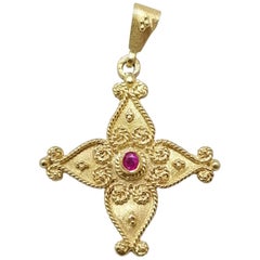 Georgios Collections 18 Karat Yellow Gold Ruby Byzantine Style Cross