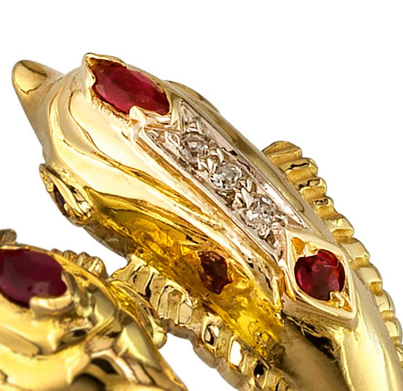 Georgios Collections 18 Karat Yellow Gold Ruby Diamond Double Dolphin Band Ring In New Condition For Sale In Astoria, NY