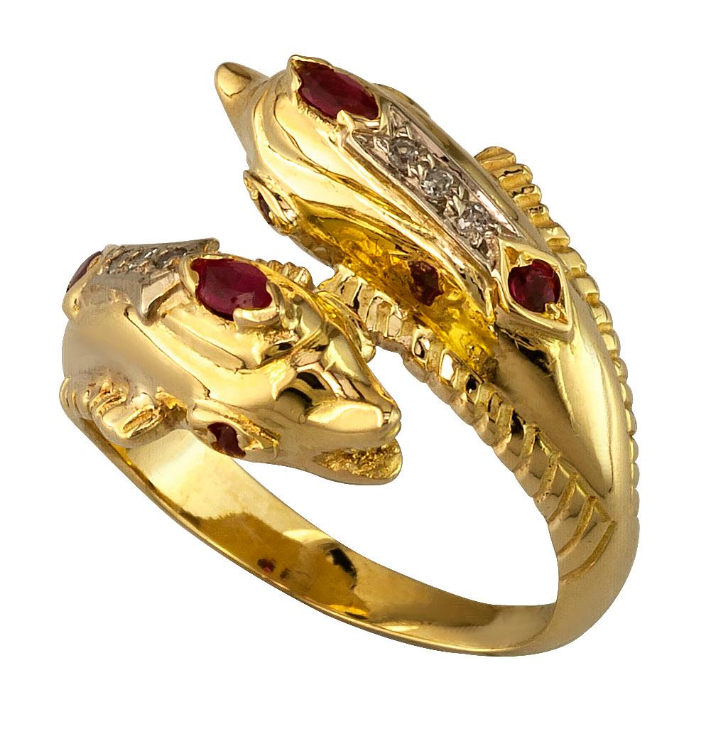 Georgios Collections 18 Karat Yellow Gold Ruby Diamond Double Dolphin Band Ring For Sale 1