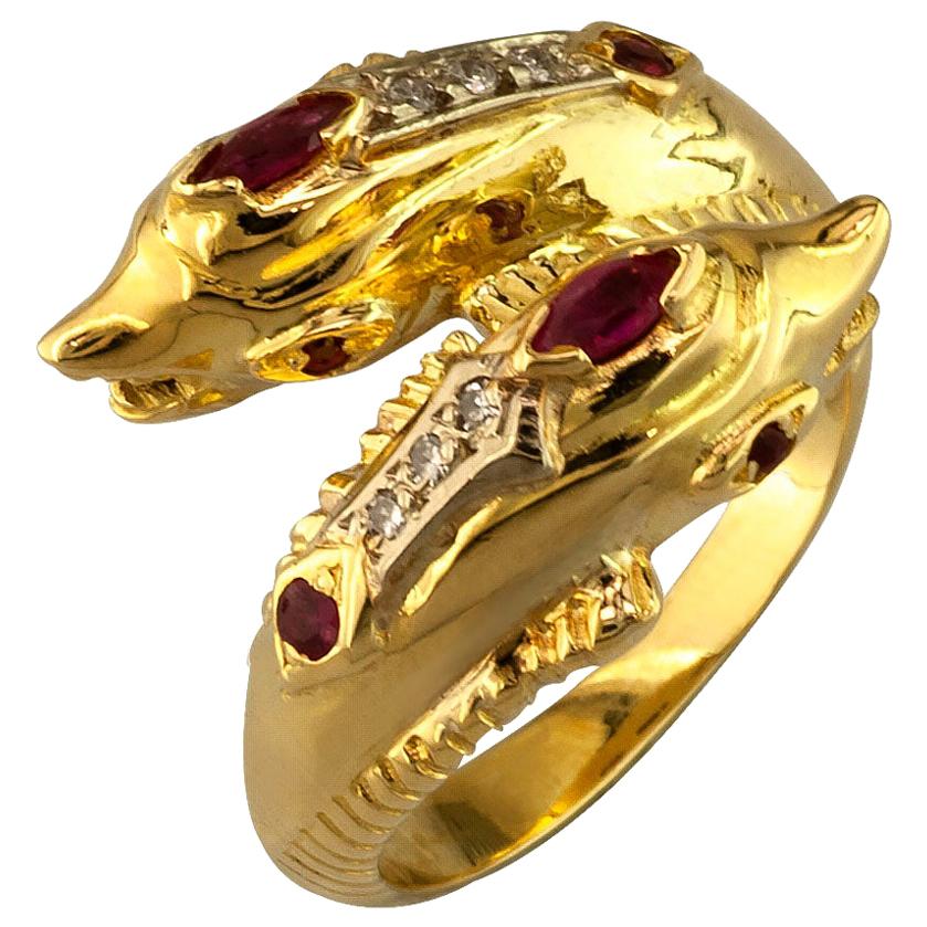 Georgios Collections 18 Karat Yellow Gold Ruby Diamond Double Dolphin Band Ring For Sale