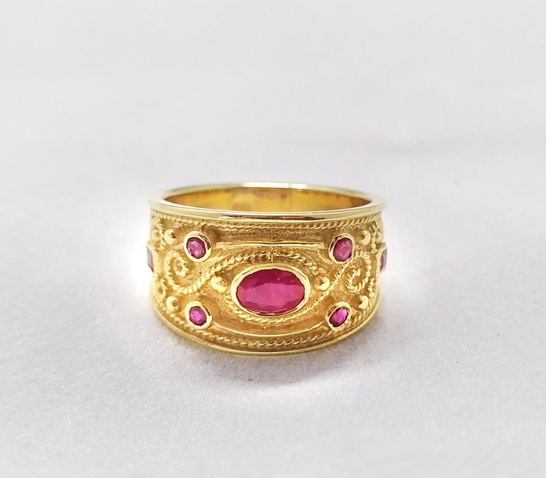 Georgios Collections 18 Karat Yellow Gold Ruby Diamond Etruscan Style Band Ring For Sale 9