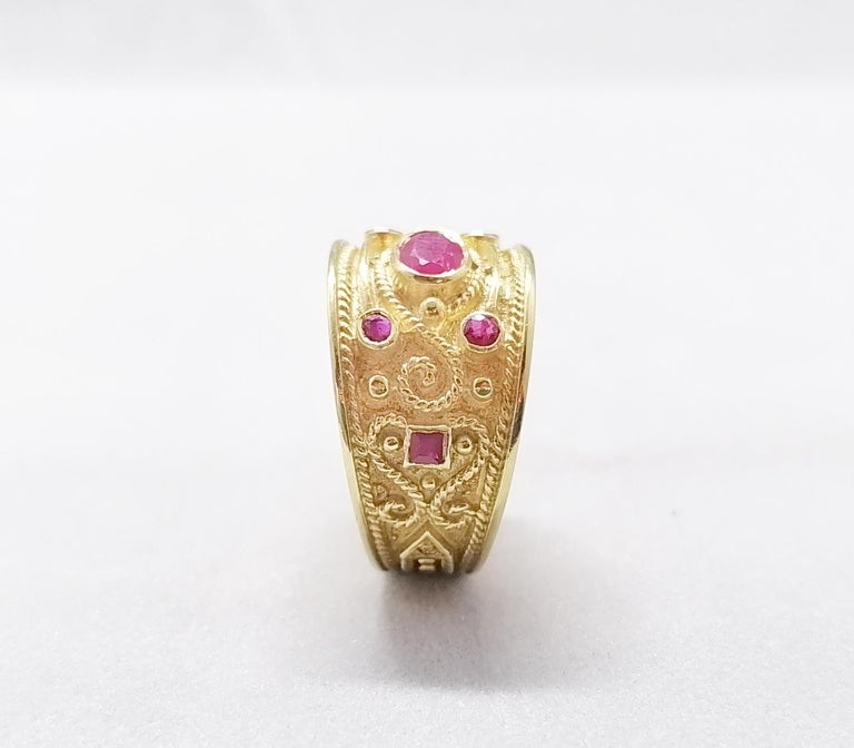 Women's Georgios Collections 18 Karat Yellow Gold Ruby Diamond Etruscan Style Band Ring For Sale
