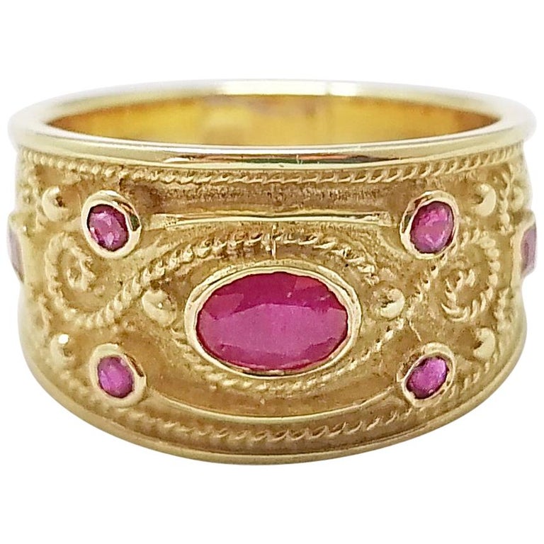 Georgios Collections 18 Karat Yellow Gold Ruby Diamond Etruscan Style Band Ring For Sale