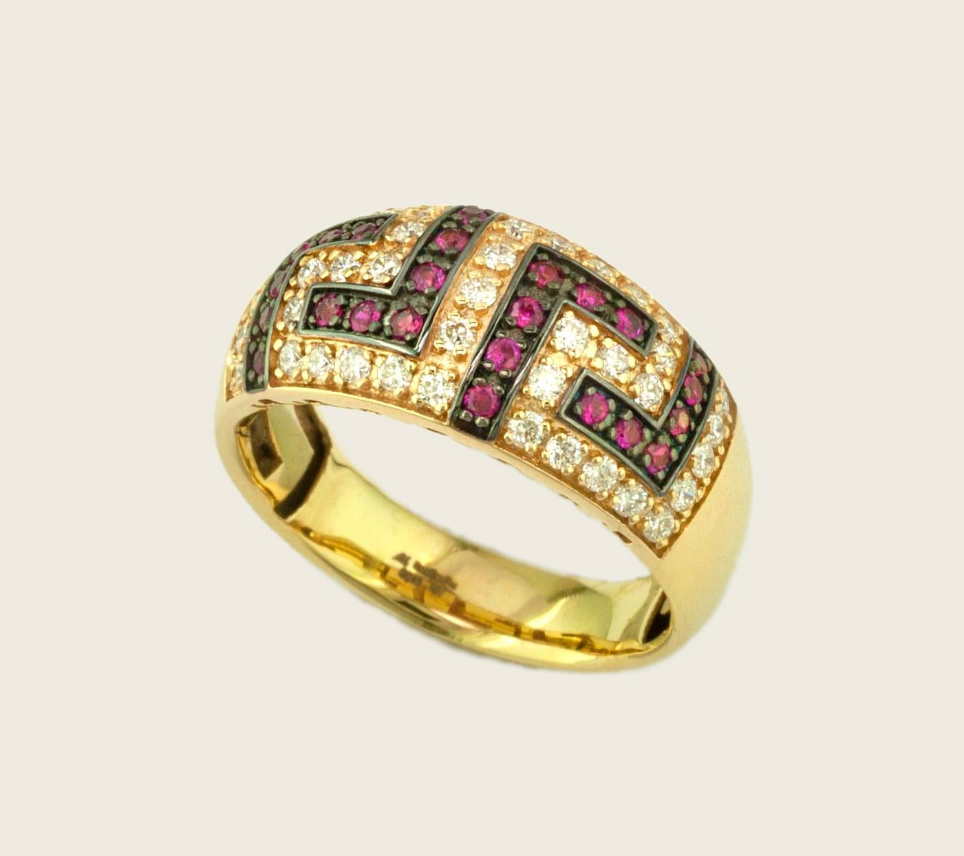 Georgios Collections 18 Karat Yellow Gold Ruby Diamond Two-Tone Greek Key Ring For Sale 3