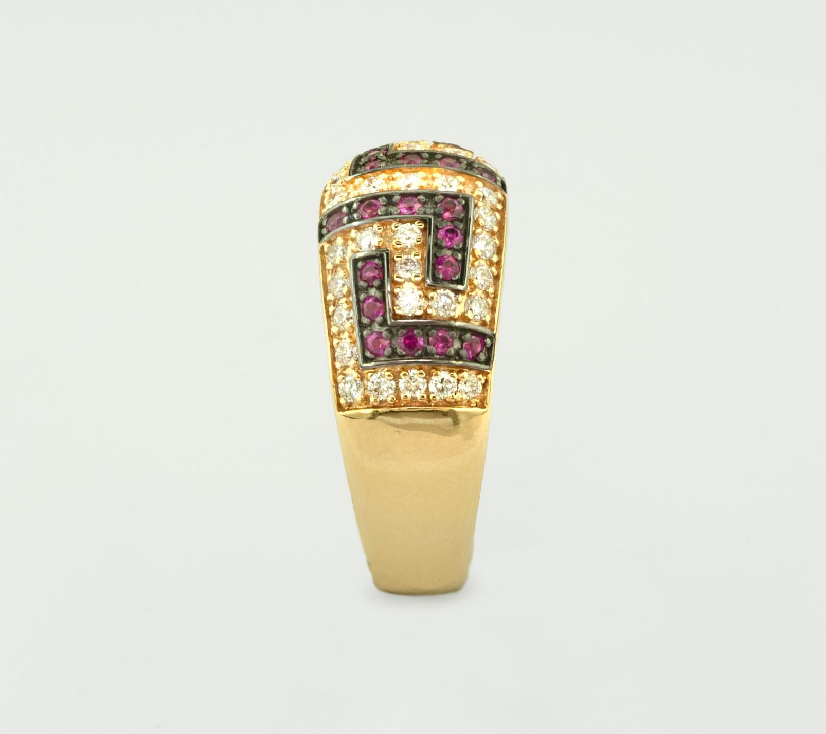Georgios Collections 18 Karat Yellow Gold Ruby Diamond Two-Tone Greek Key Ring In New Condition For Sale In Astoria, NY