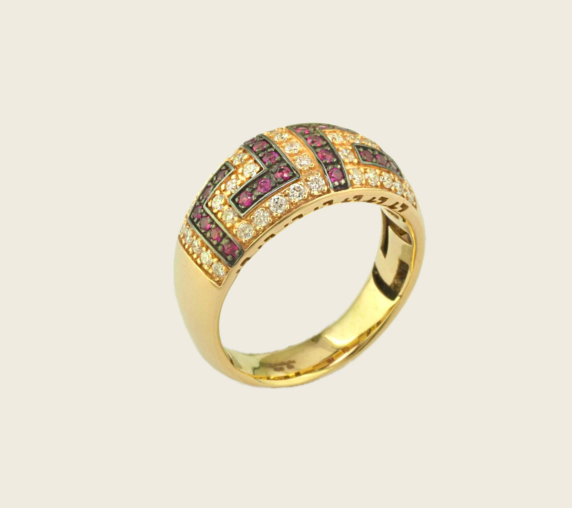 Georgios Collections 18 Karat Yellow Gold Ruby Diamond Two-Tone Greek Key Ring For Sale 2