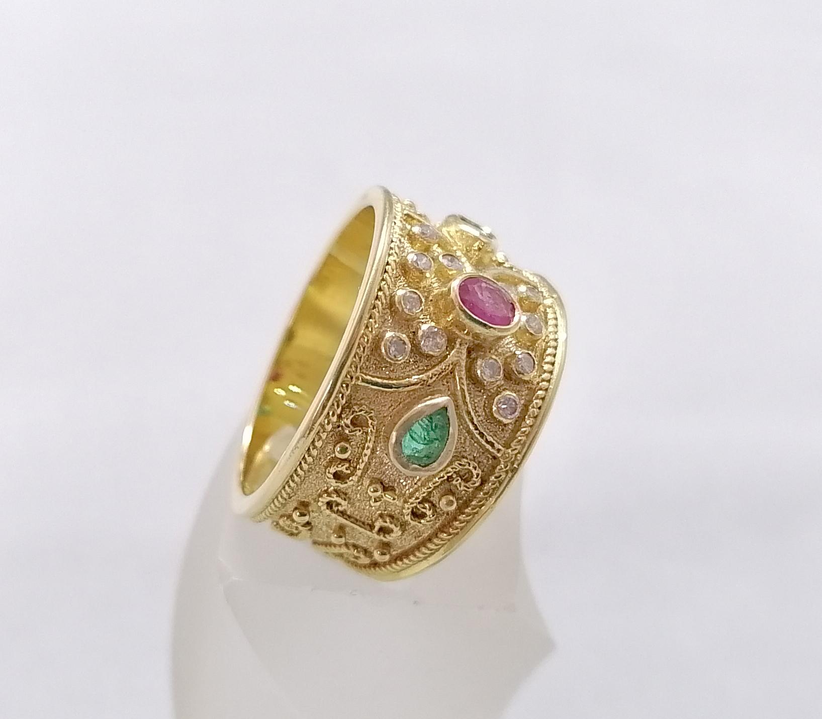 Georgios Collections 18 Karat Yellow Gold Ruby Emerald and Diamond Band Ring For Sale 3