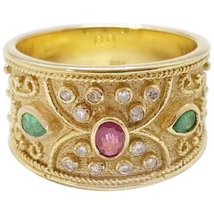 Georgios Collections 18 Karat Yellow Gold Ruby Emerald and Diamond Band Ring