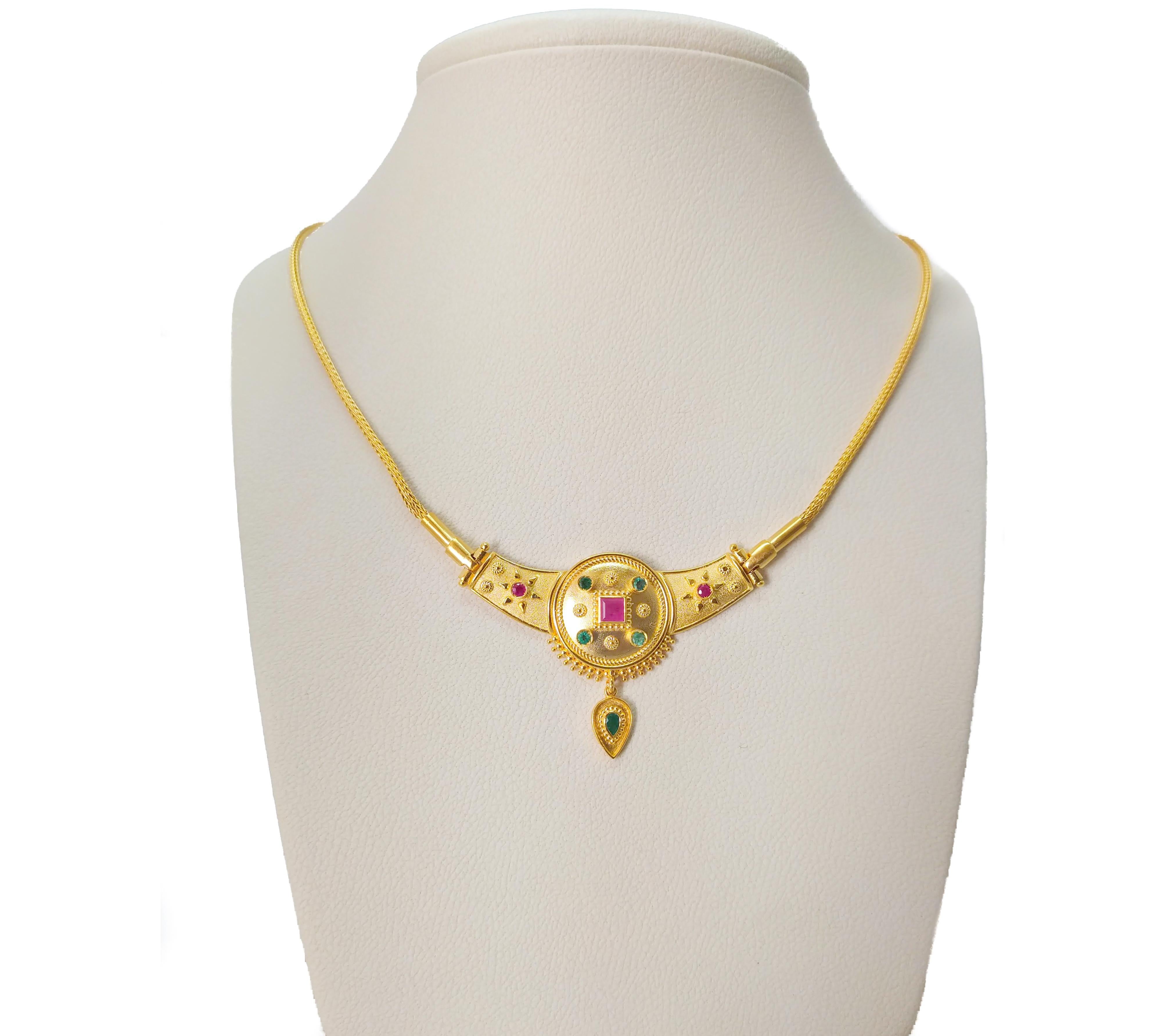 Georgios Collections 18 Karat Yellow Gold Ruby Emerald Drop Pendant Necklace For Sale 4