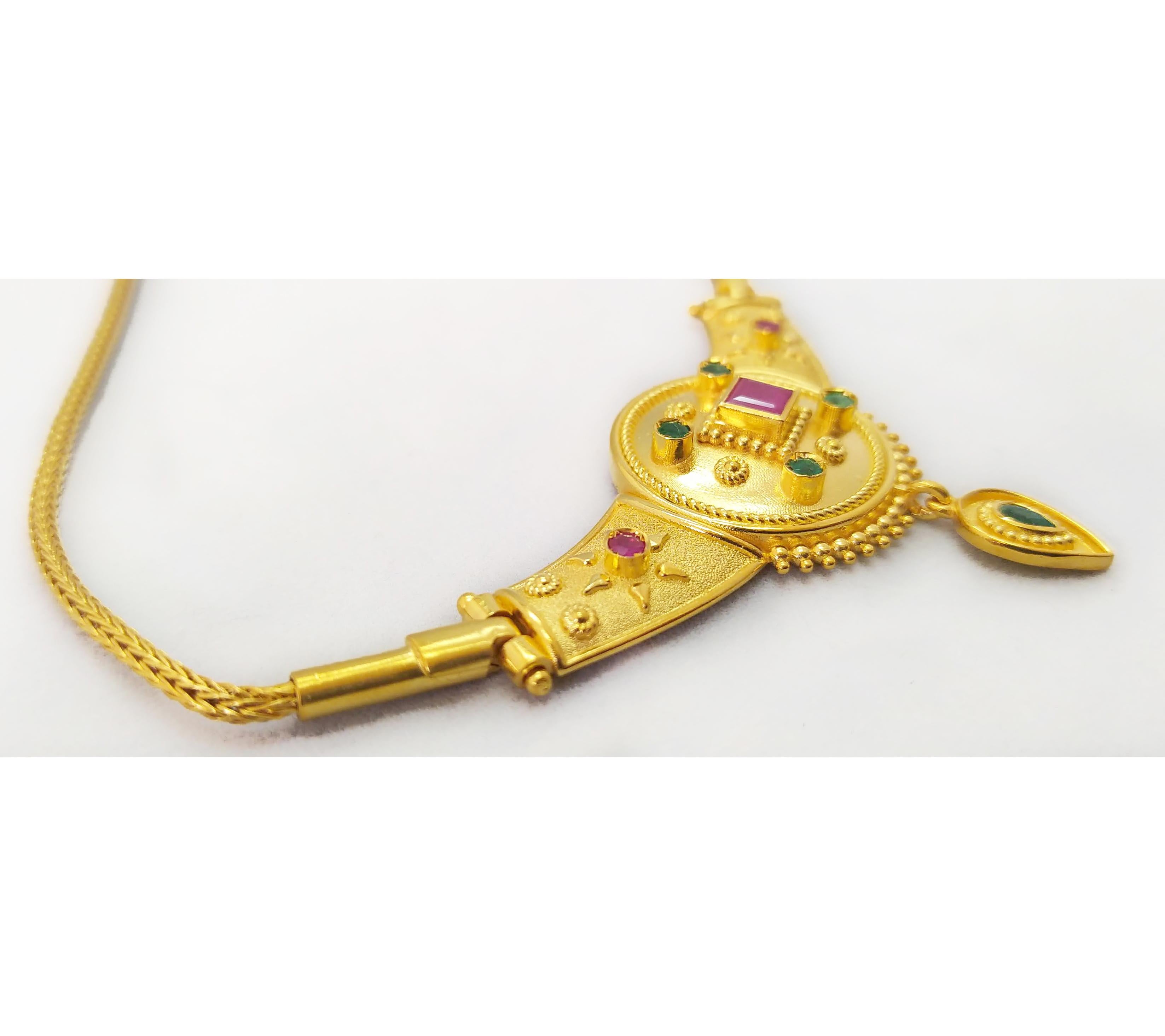 Georgios Collections Collar Colgante Gota Esmeralda Rubí Oro Amarillo 18 Kilates en venta 6