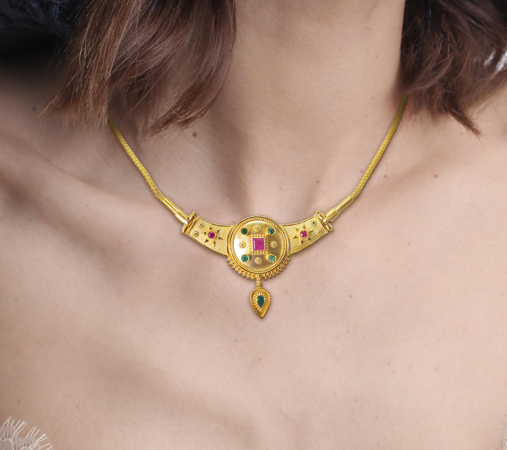 Georgios Collections Collar Colgante Gota Esmeralda Rubí Oro Amarillo 18 Kilates en venta 7