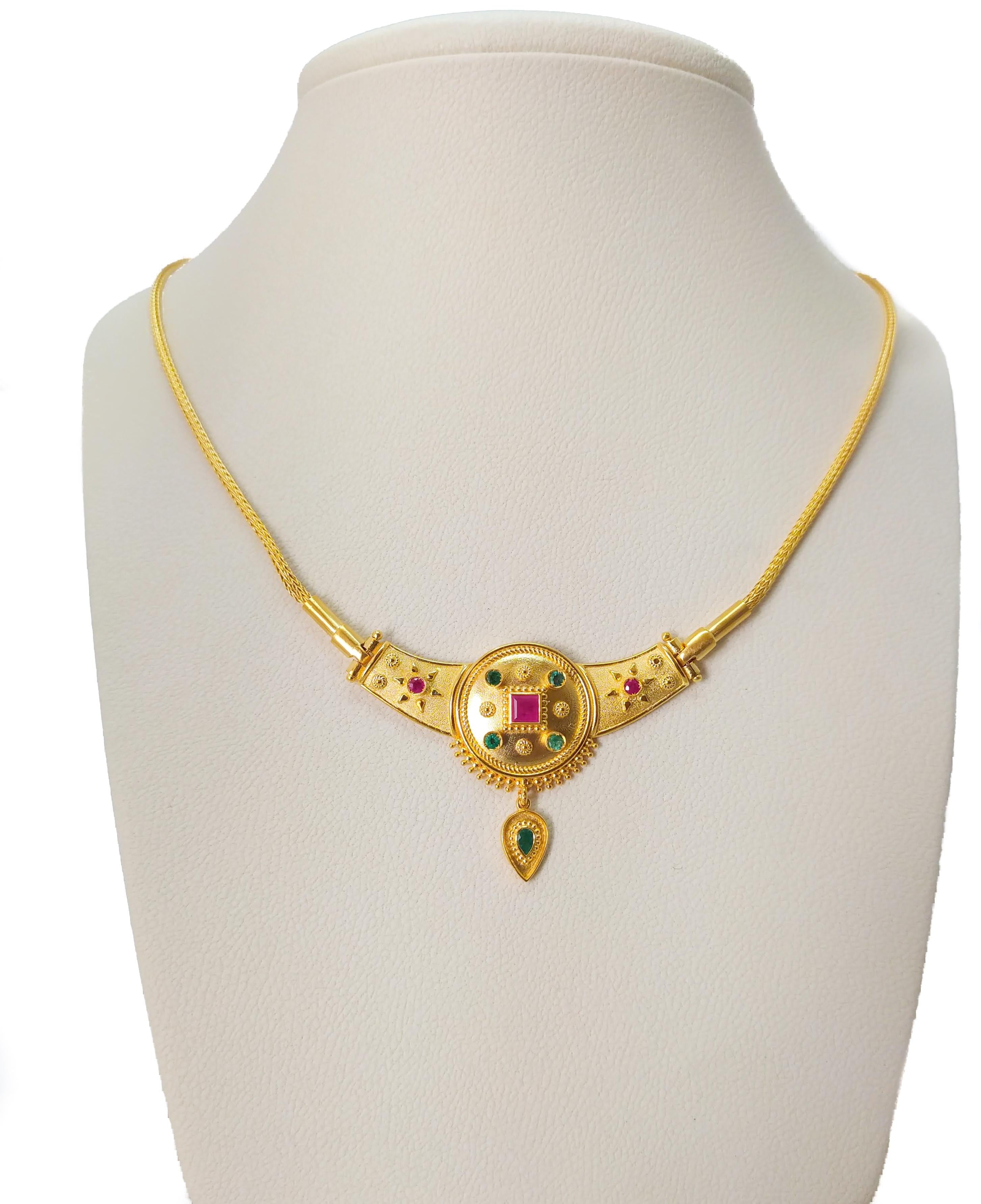 Georgios Collections 18 Karat Yellow Gold Ruby Emerald Drop Pendant Necklace For Sale 8