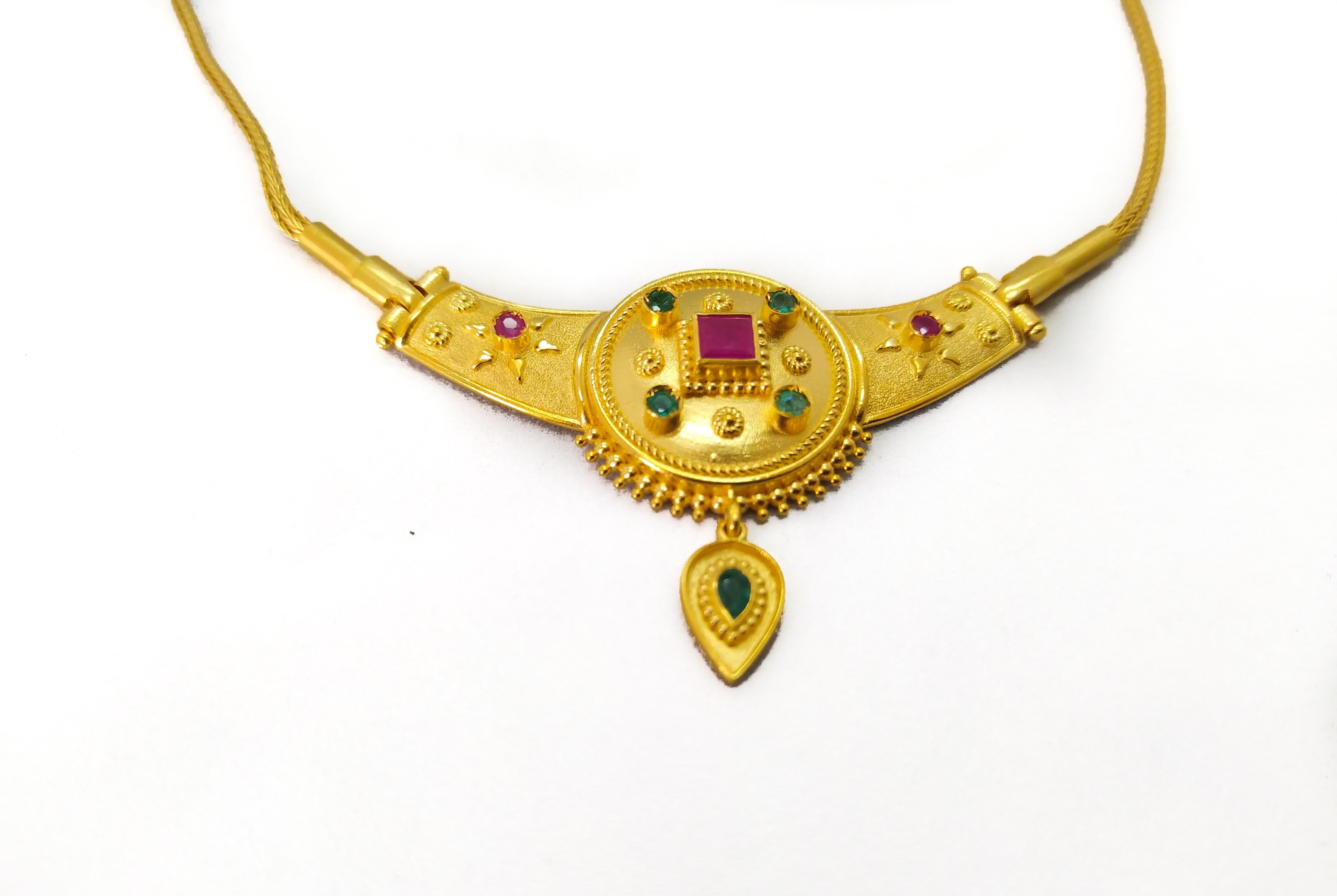 Byzantine Georgios Collections 18 Karat Yellow Gold Ruby Emerald Drop Pendant Necklace For Sale