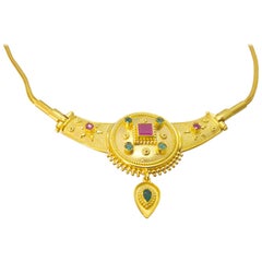 Georgios Collections 18 Karat Yellow Gold Ruby Emerald Drop Pendant Necklace