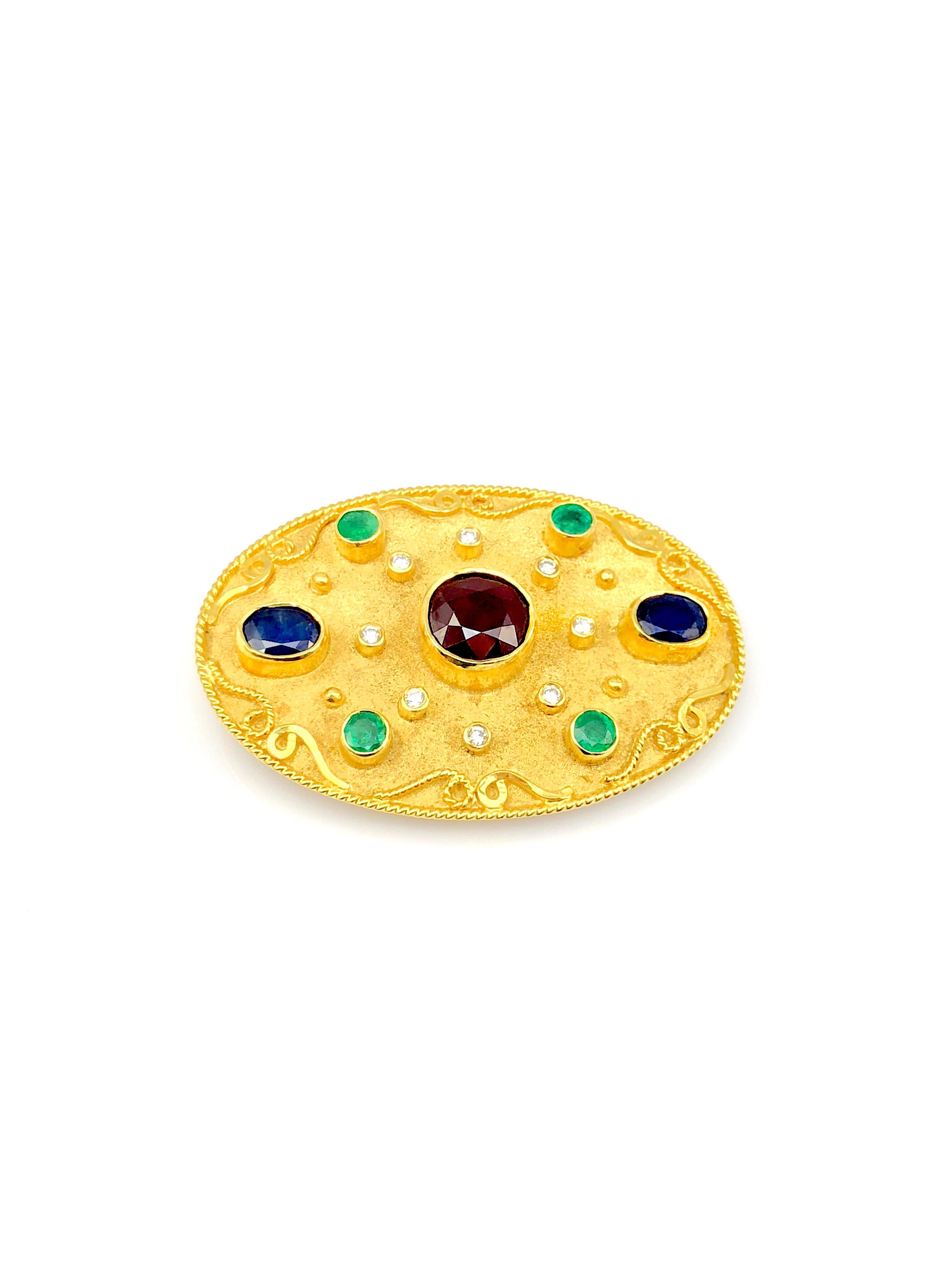 S.Georgios designer Pendant - Brooch is all handmade from solid 18 Karat White Gold and custom-made. This stunning jewel is microscopically decorated with granulation work with yellow gold beads and wires and has a unique velvet background. This