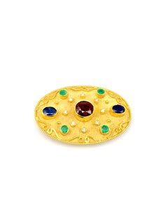 Georgios Collections 18 Karat Yellow Gold Diamond Ruby Emerald Sapphire Brooch