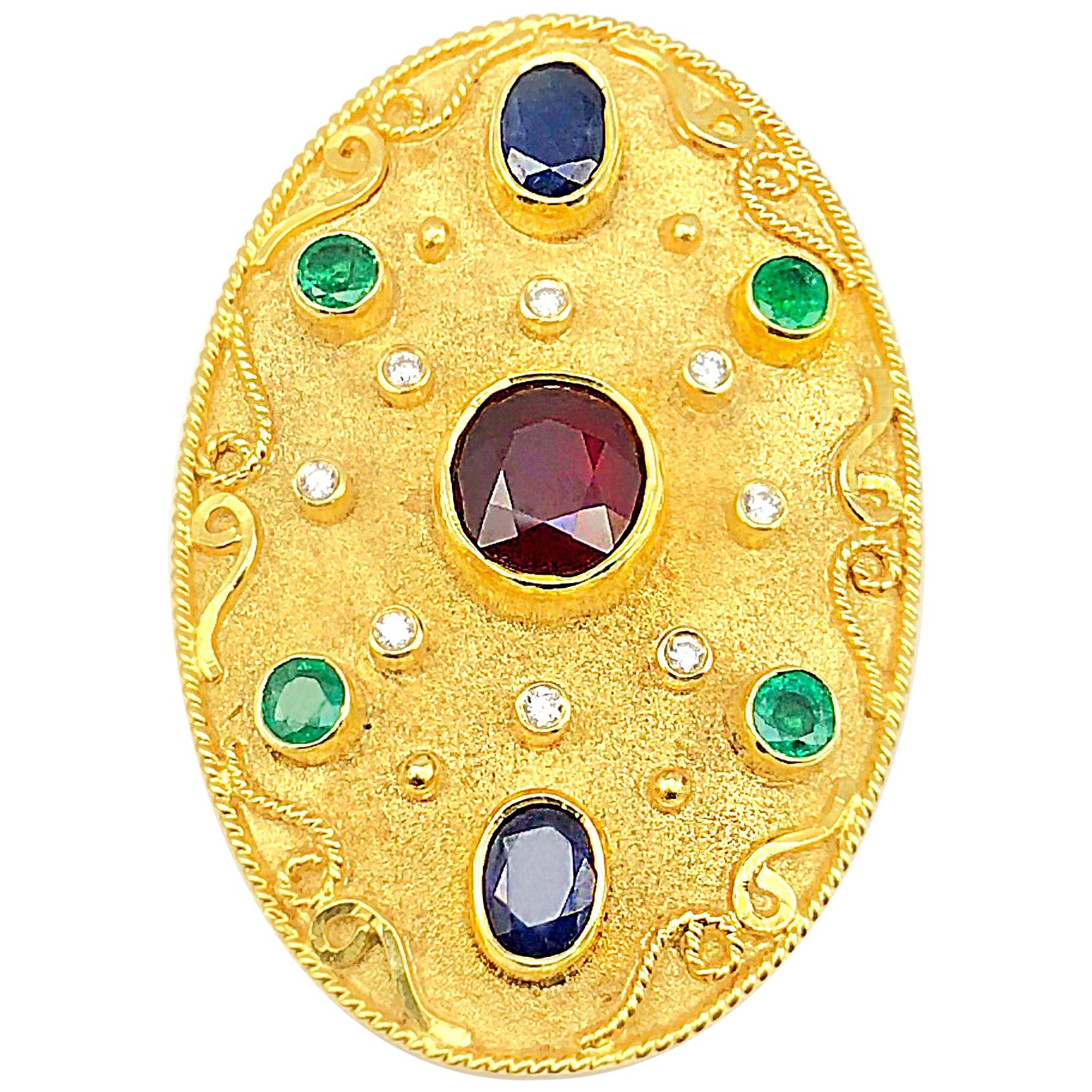 Georgios Collections 18 Karat Yellow Gold Diamond Ruby Emerald Sapphire Brooch 