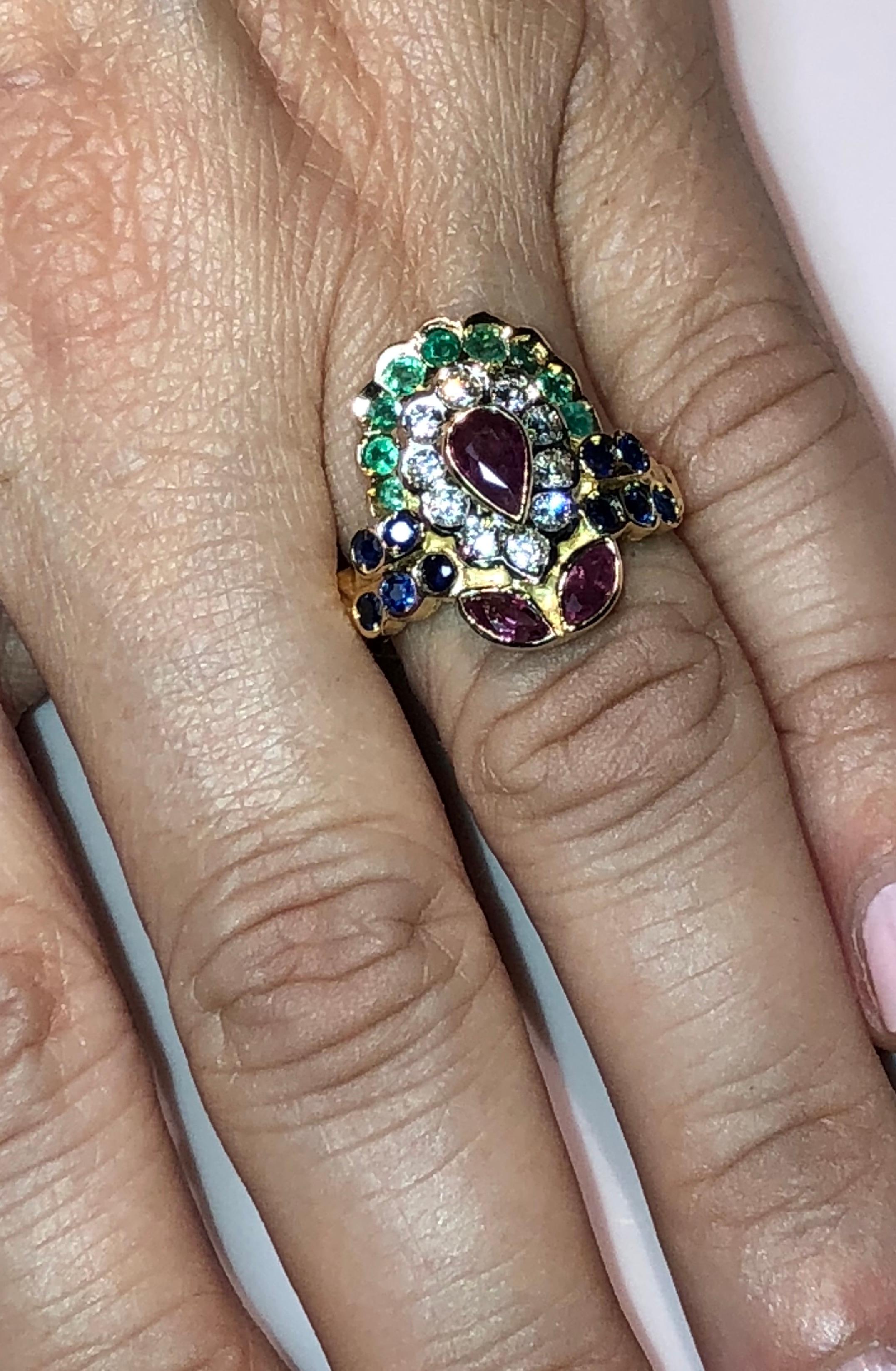 Georgios Collections 18 Karat Yellow Gold Ruby Emerald Sapphire Diamond Ring In New Condition In Astoria, NY