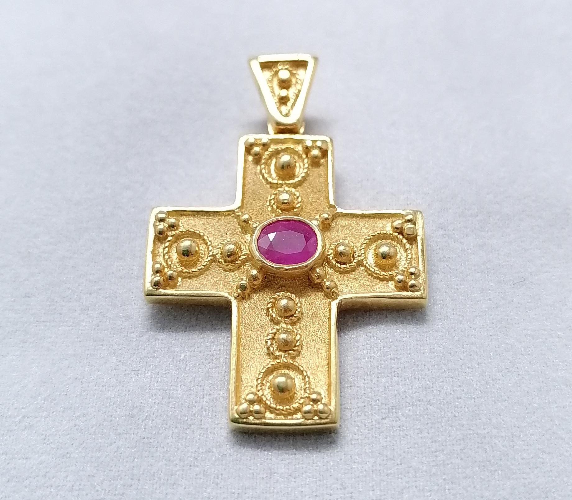 Georgios Collections 18 Karat Yellow Gold Ruby Granulated Cross Pendant 5