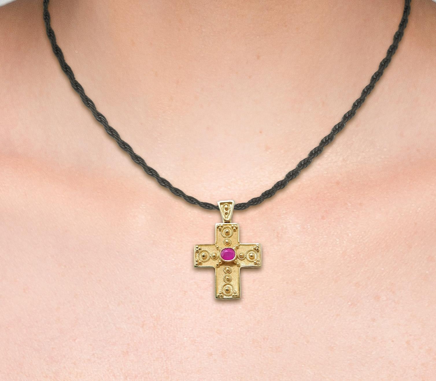 Georgios Collections 18 Karat Yellow Gold Ruby Granulated Cross Pendant 6