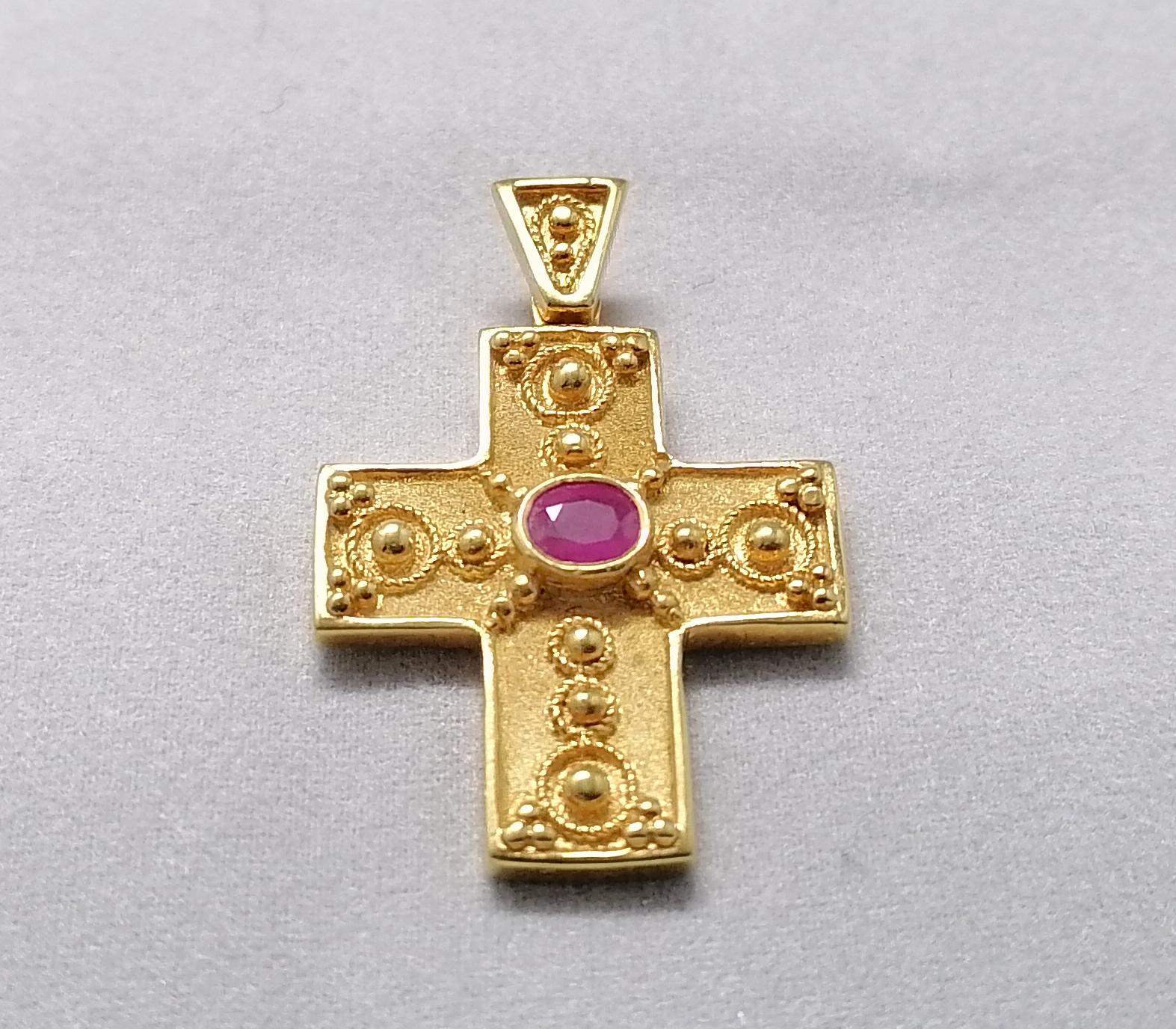 Georgios Collections 18 Karat Yellow Gold Ruby Granulated Cross Pendant 7