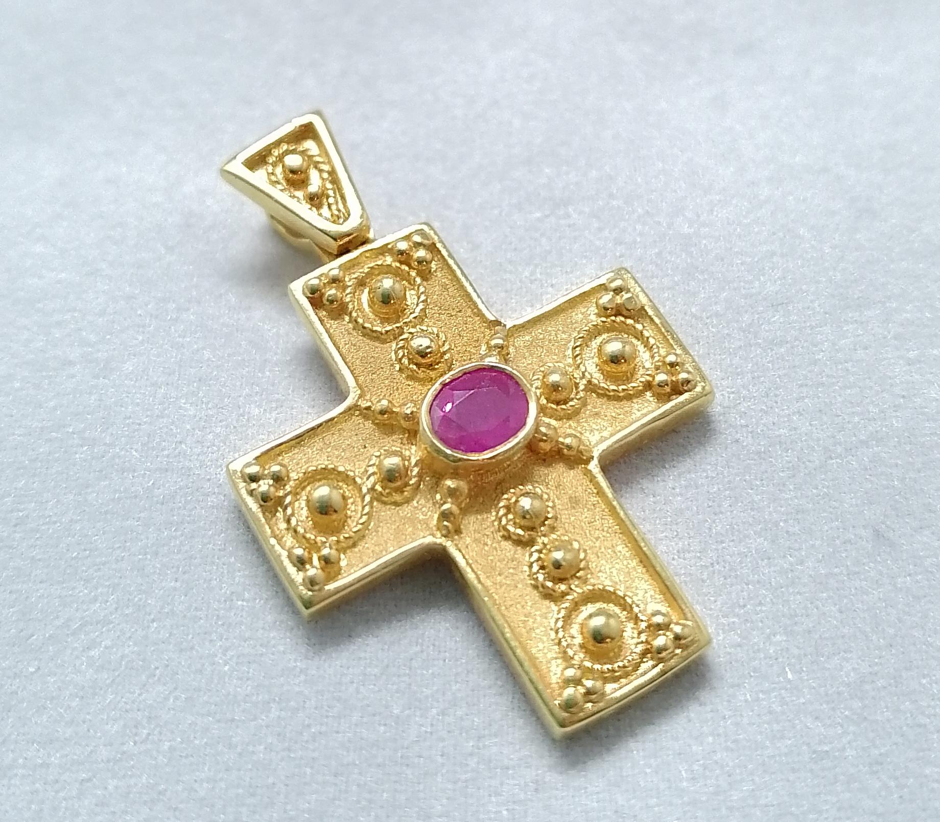 Georgios Collections 18 Karat Yellow Gold Ruby Granulated Cross Pendant In New Condition In Astoria, NY