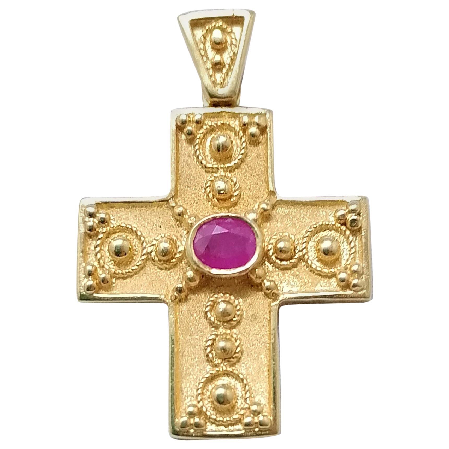 Georgios Collections 18 Karat Yellow Gold Ruby Granulated Cross Pendant