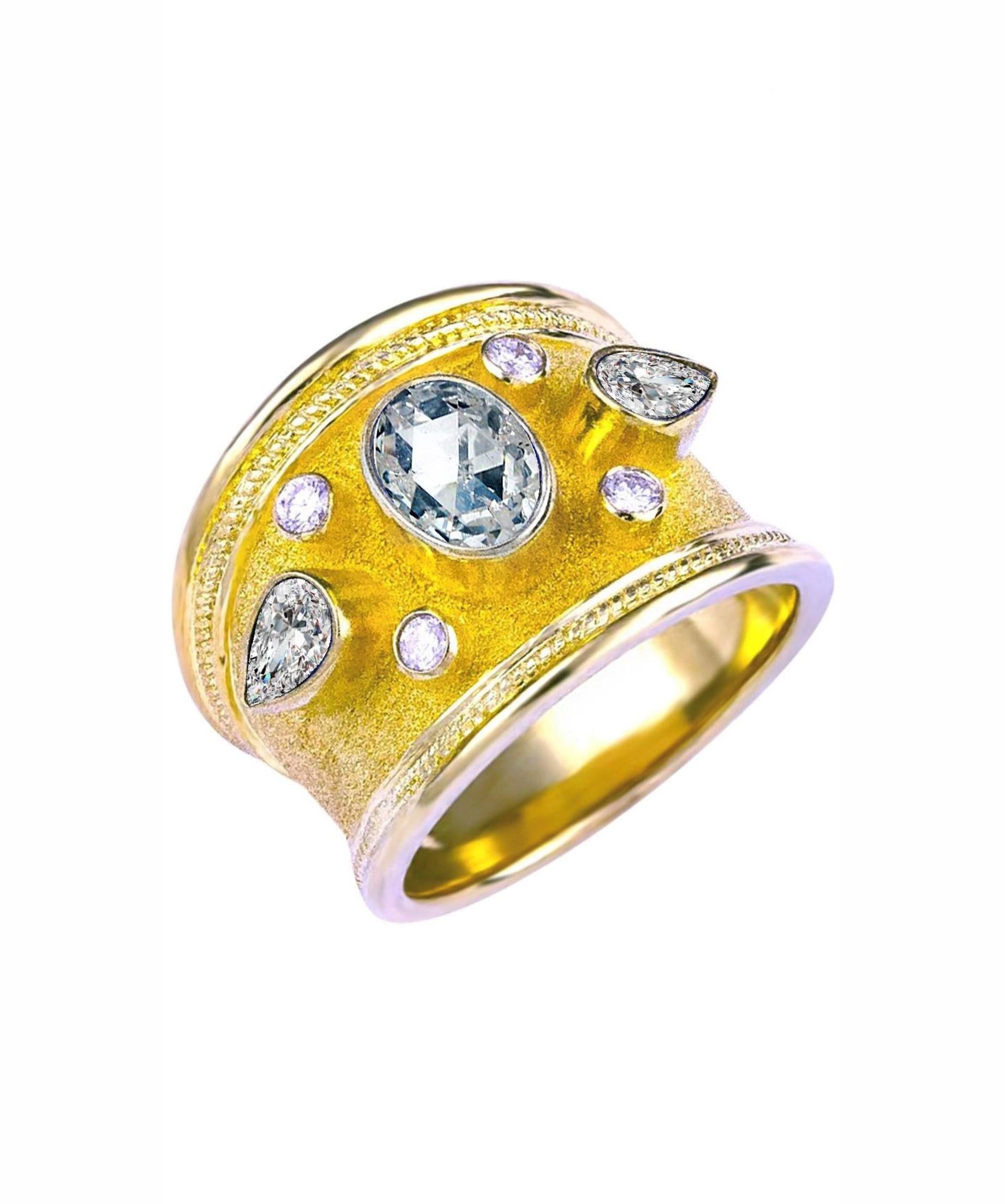 Georgios Collections Anillo Ancho Oro Amarillo 18 Kilates Rubí Zafiro Pera Diamante en venta 6