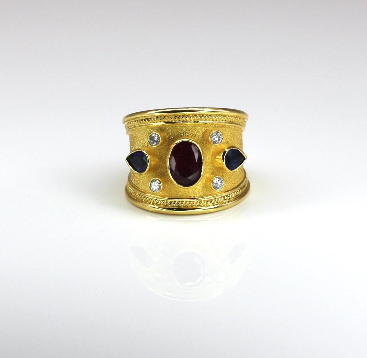 Byzantine Georgios Collections 18 Karat Yellow Gold Ruby Pear Sapphire Diamond Wide Ring For Sale